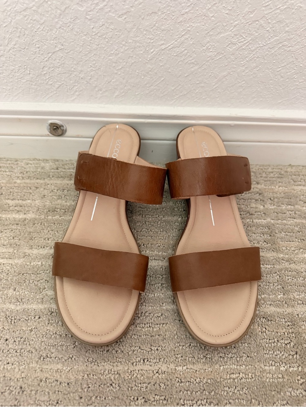 Ecco Tan/Brown Leather Double Strap Slide Sandals